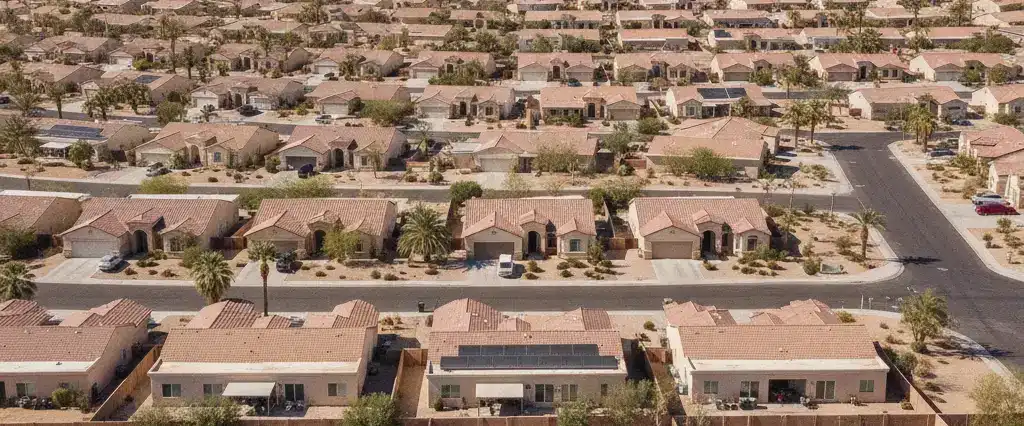 Well-maintained residential rooftops in Las Vegas, Clark County, Nevada, with arid mountains in the distance