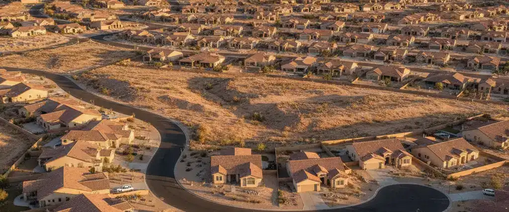 Well-maintained residential rooftops in Mesquite, Clark County, Nevada, with arid mountains in the distance