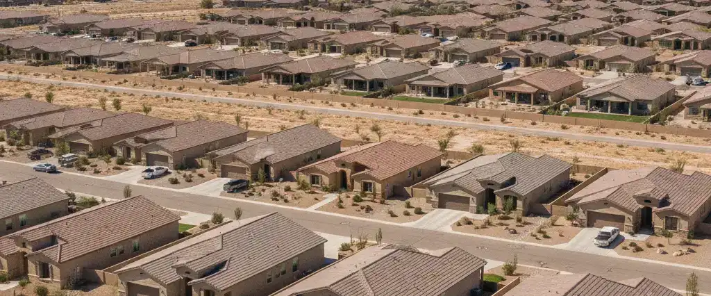 Well-maintained residential rooftops in Buckeye, Maricopa County, Arizona, with arid desert mountains in the distance