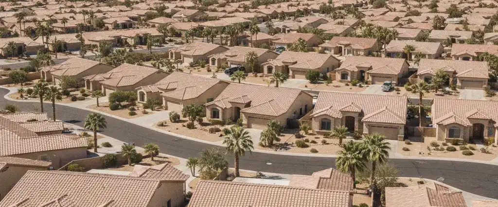 Well-maintained residential rooftops in Chandler, Maricopa County, Arizona, with arid desert mountains in the distance