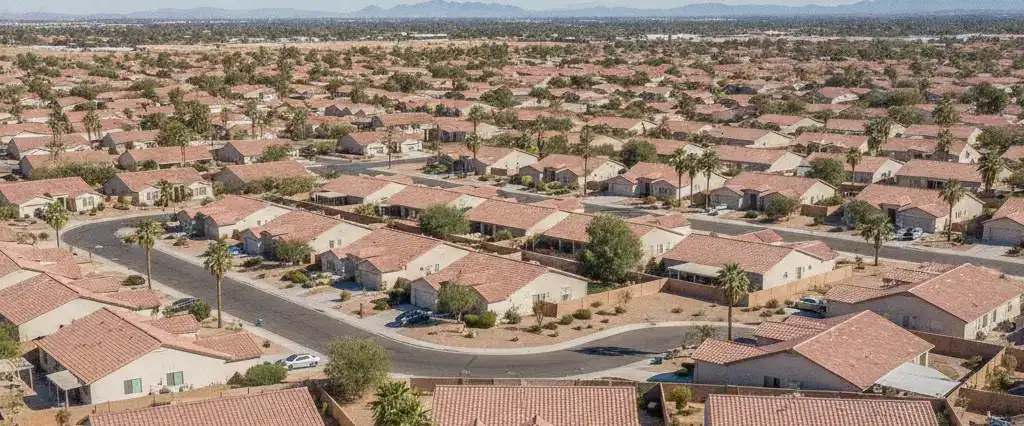Well-maintained residential rooftops in Gilbert, Maricopa County, Arizona, with arid desert mountains in the distance