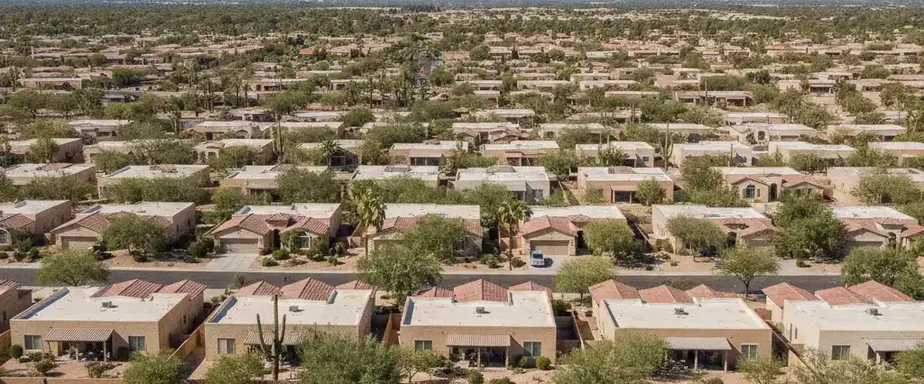 Well-maintained residential rooftops in Phoenix, Maricopa County, Arizona, with arid desert mountains in the distance