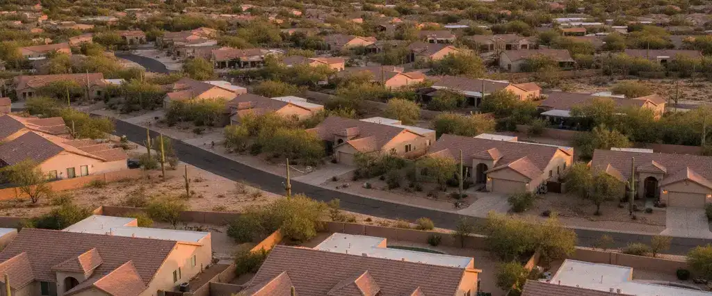 Well-maintained residential rooftops in Scottsdale, Maricopa County, Arizona, with arid desert mountains in the distance