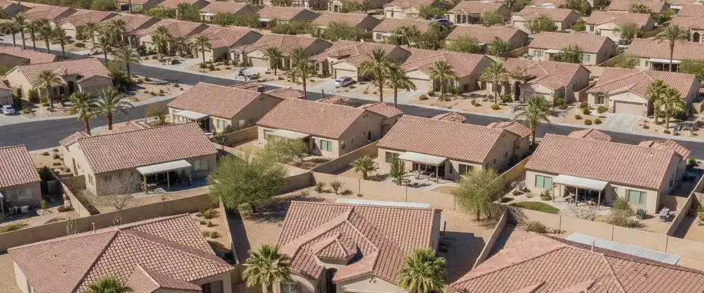 Well-maintained residential rooftops in Surprise, Maricopa County, Arizona, with arid desert mountains in the distance