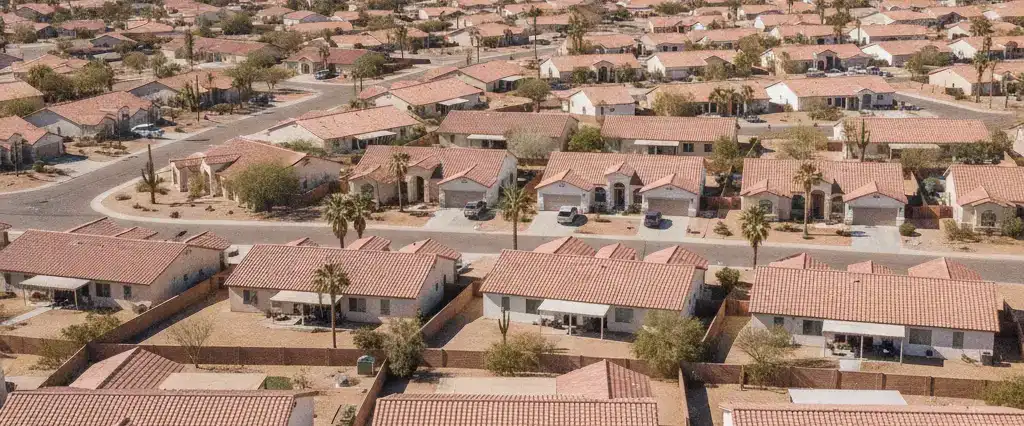 Well-maintained residential rooftops in Bullhead City, Mohave County, Arizona, with arid desert mountains near the Colorado River