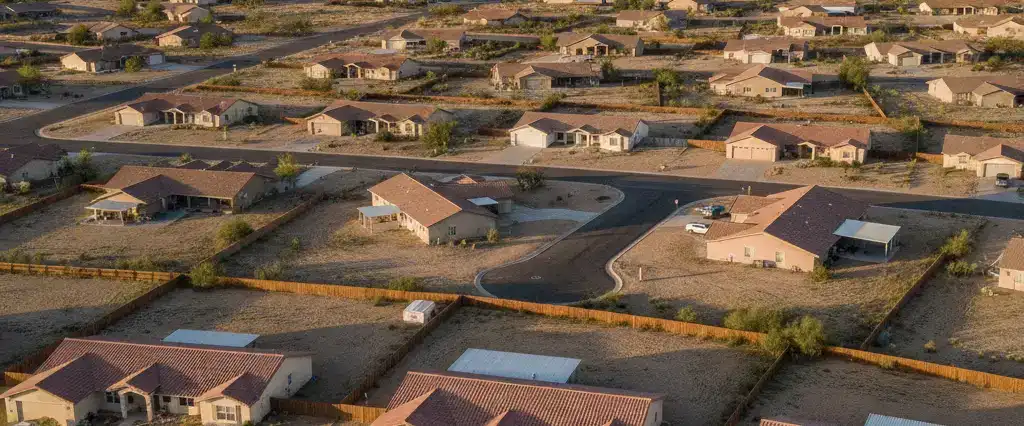 Well-maintained residential rooftops in Pahrump, Nye County, Nevada, with arid mountains in the distance