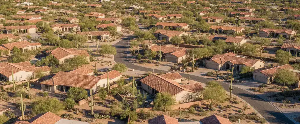 Well-maintained residential rooftops in Oro Valley, Pima County, Arizona, with saguaro-studded desert mountains in the distance