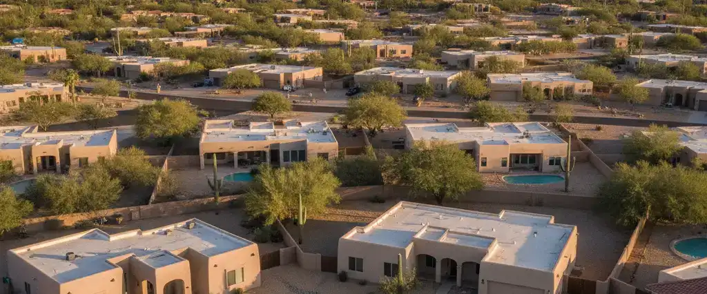 Well-maintained residential rooftops in Tucson, Pima County, Arizona, with saguaro-studded desert mountains in the distance