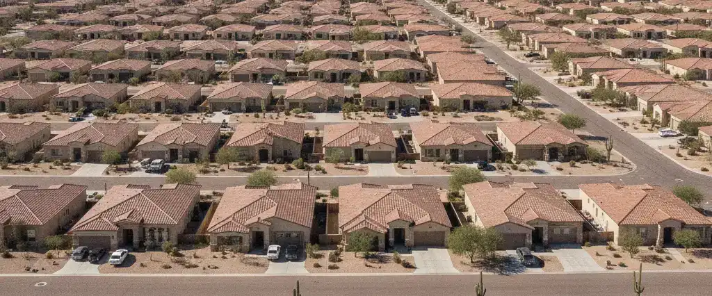 Well-maintained residential rooftops in Casa Grande, Pinal County, Arizona, with open Sonoran desert and distant mountains
