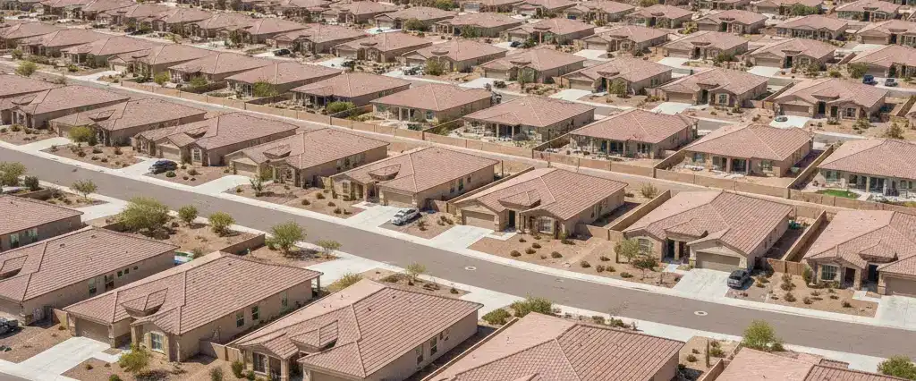 Well-maintained residential rooftops in San Tan Valley, Pinal County, Arizona, with open Sonoran desert and distant mountains