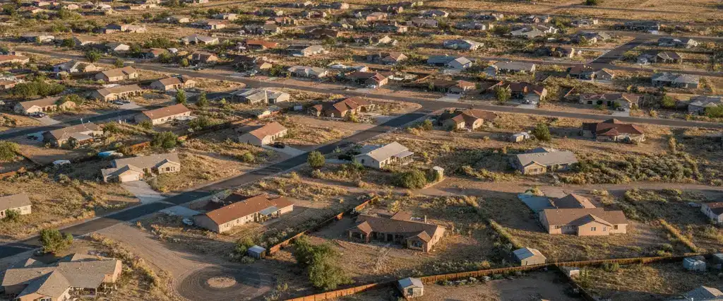 Well-maintained residential rooftops across Nye County, Nevada, with arid mountains in the distance