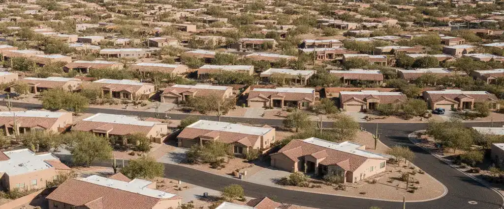 Well-maintained residential rooftops across Pima County, Arizona, with saguaro-studded desert mountains in the distance