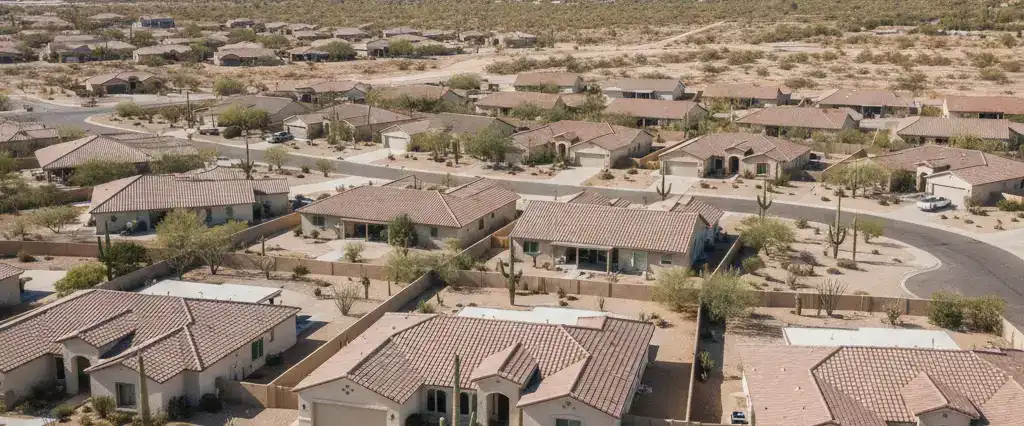 Well-maintained residential rooftops across Pinal County, Arizona, with open Sonoran desert and distant mountains